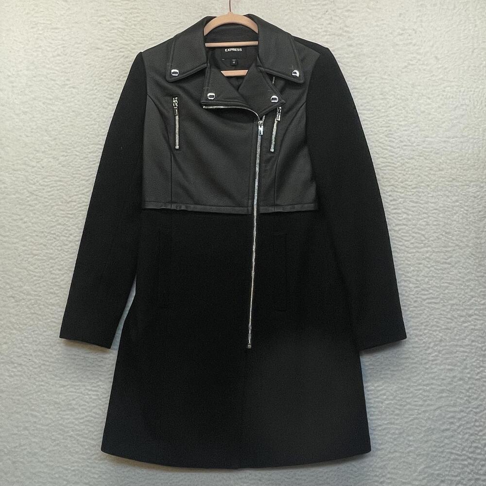 Express Motorcycle Coat Womens XS Black Wool Faux Leather Jacket Long Zip Moto - Picture 1 of 12